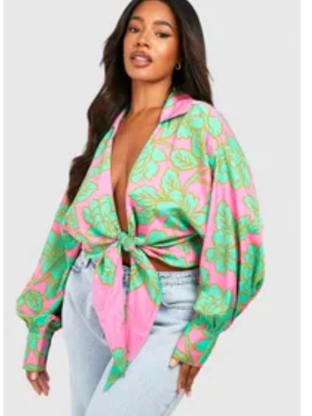 Boohoo Pink & Green Floral Tie-Front Blouse with Puff Sleeves